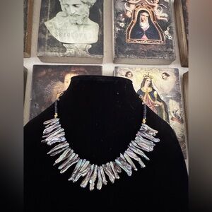 Statement Black Keshi Stick‎ Pearl Necklace with Gold & Crystal Accents